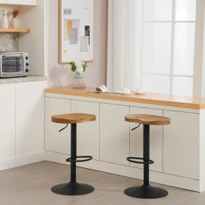 Lot de 2 tabourets de bar industriels en bois pivotants à 360°, réglables en hauteur et avec repose-pieds