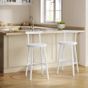 Lot de 2 tabourets de bar/cuisine en bois et métal style industriel avec dossier blanc