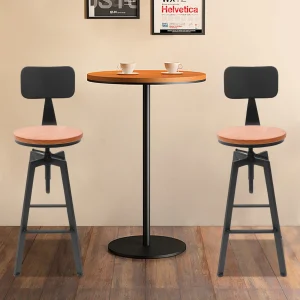 Lot de 2 tabourets de bar noirs pivotants style industriel vintage réglable avec dossier et assise en bois